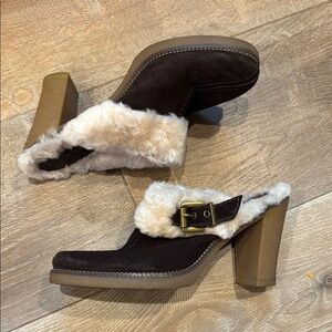 BCBG Brown and Cream Fur-Lined Heeled Mules
